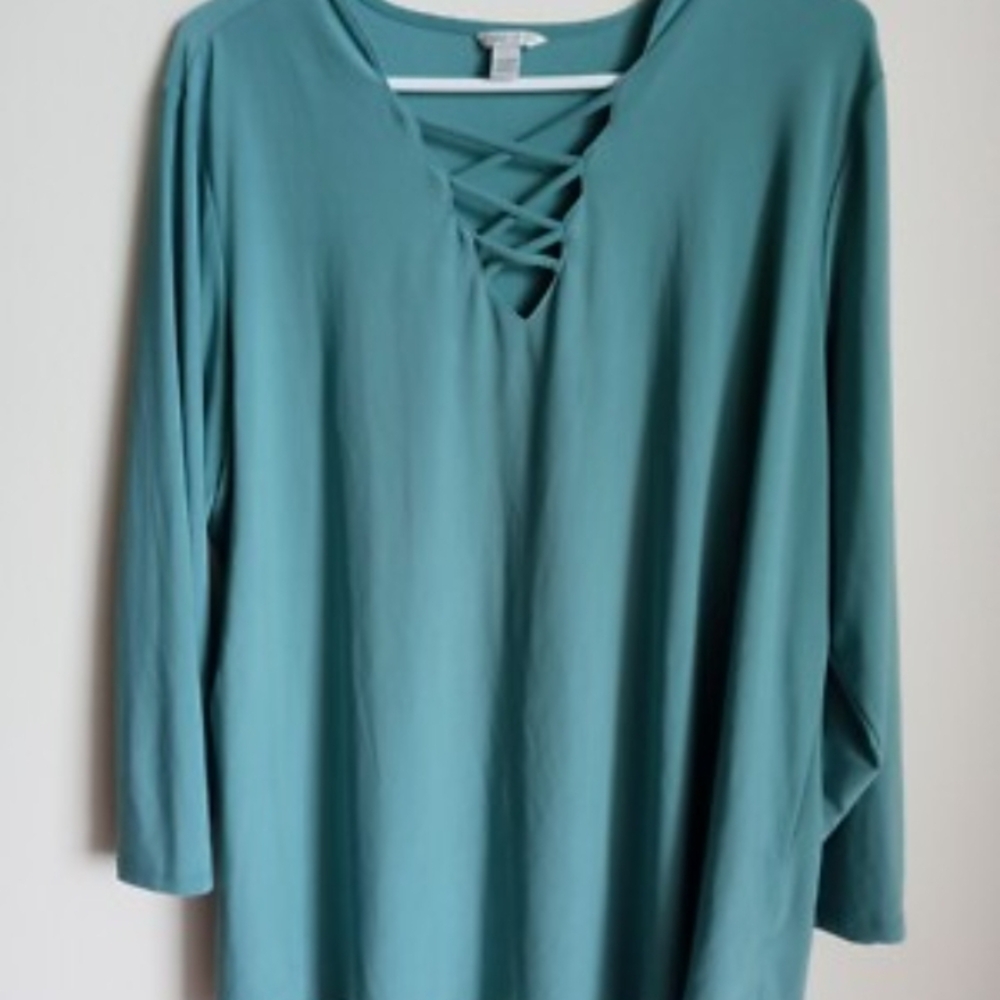 Cato Teal Long Sleeve Top with Crisscross Neckline